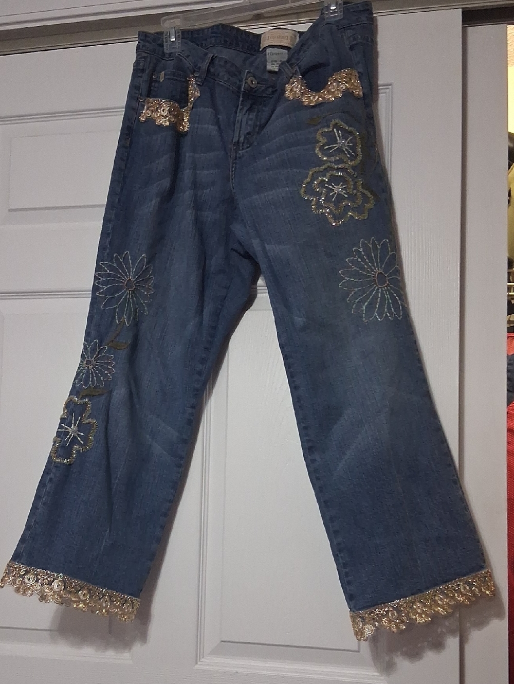 Z. Cavaricci Blue Denim Flare Jeans with Gold Floral Trim Sz 16 $45.